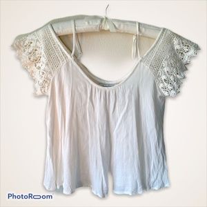 American Rag Crochet Sleeve Flutter Top Cream XS